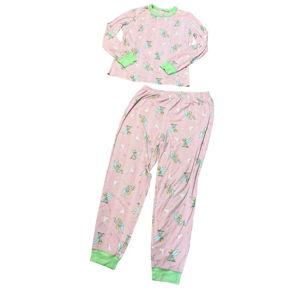 Disney Large Pink Green‎ Long Sleeve Tinkerbell Pajama Set Sleepwear Loungewear
